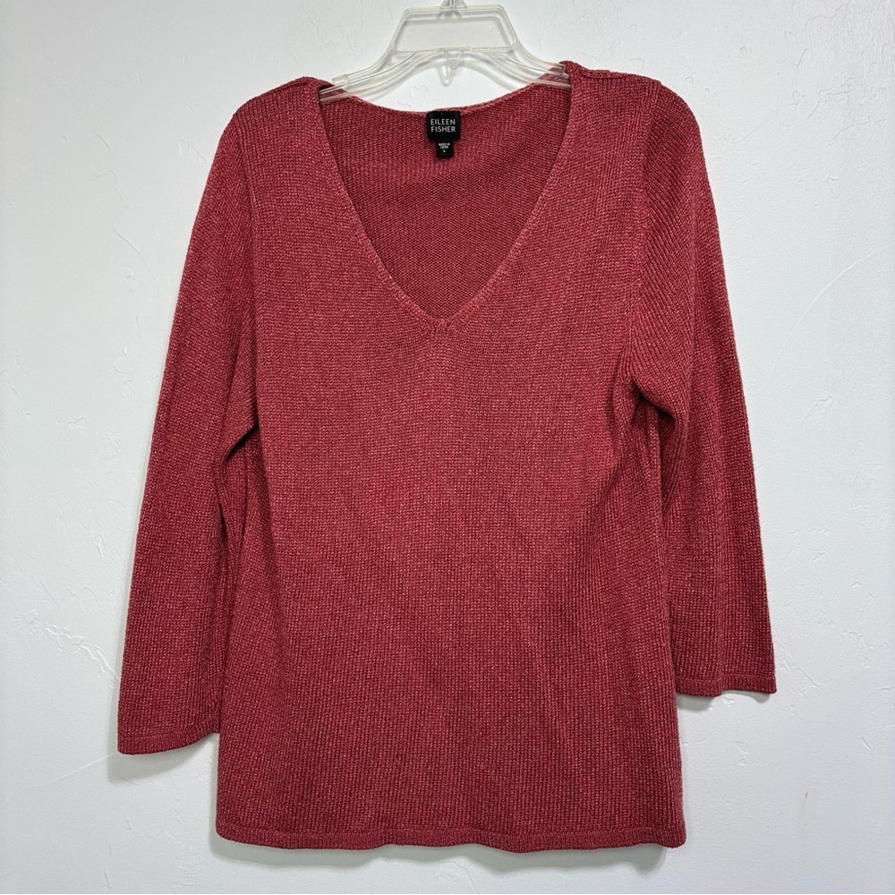 Eileen Fisher V Neck Women's Large Sweater Salmon Coral Silk Rayon
